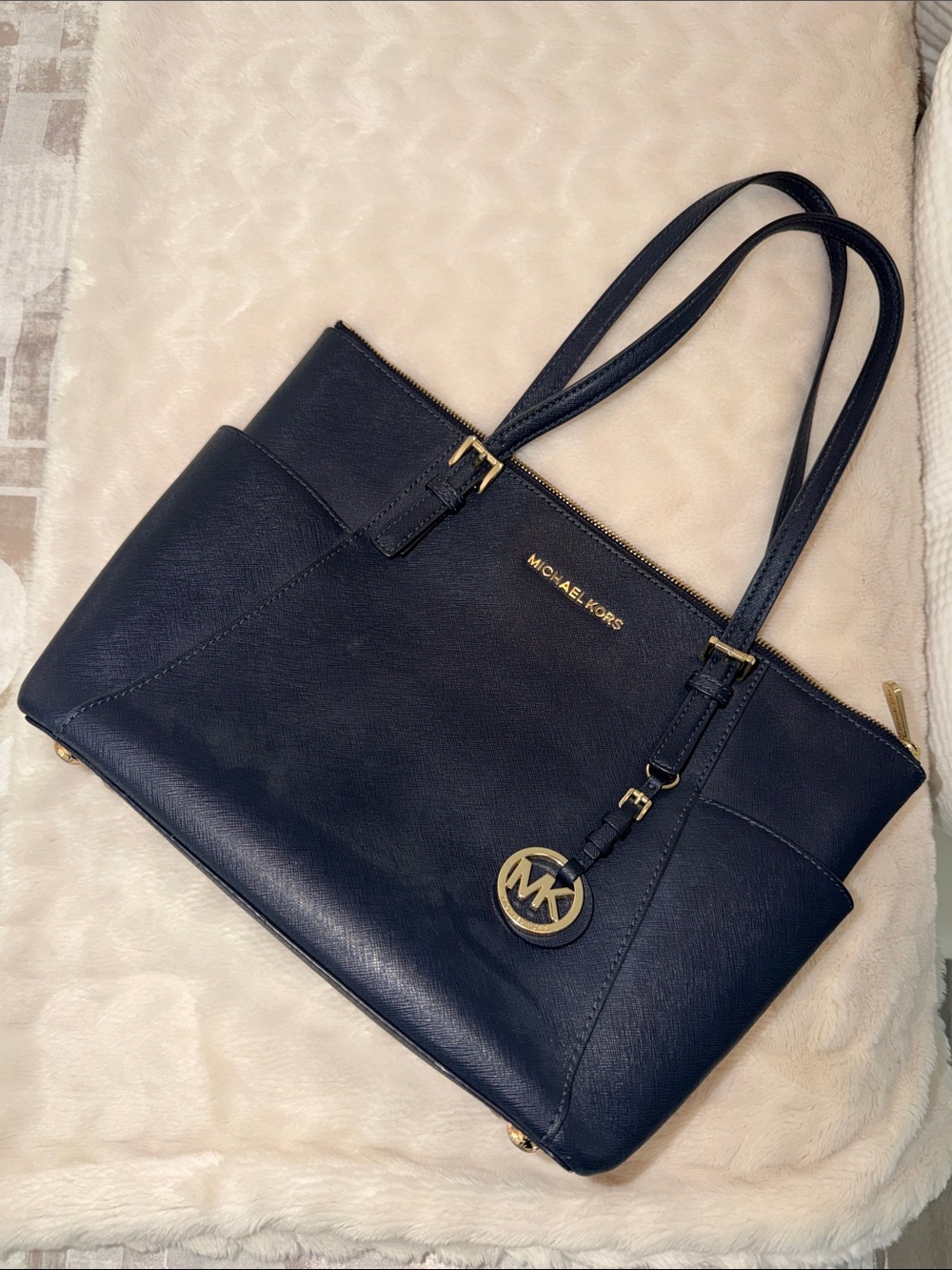 Michael Kors Black Saffiano Leather Tote with Gold Accents